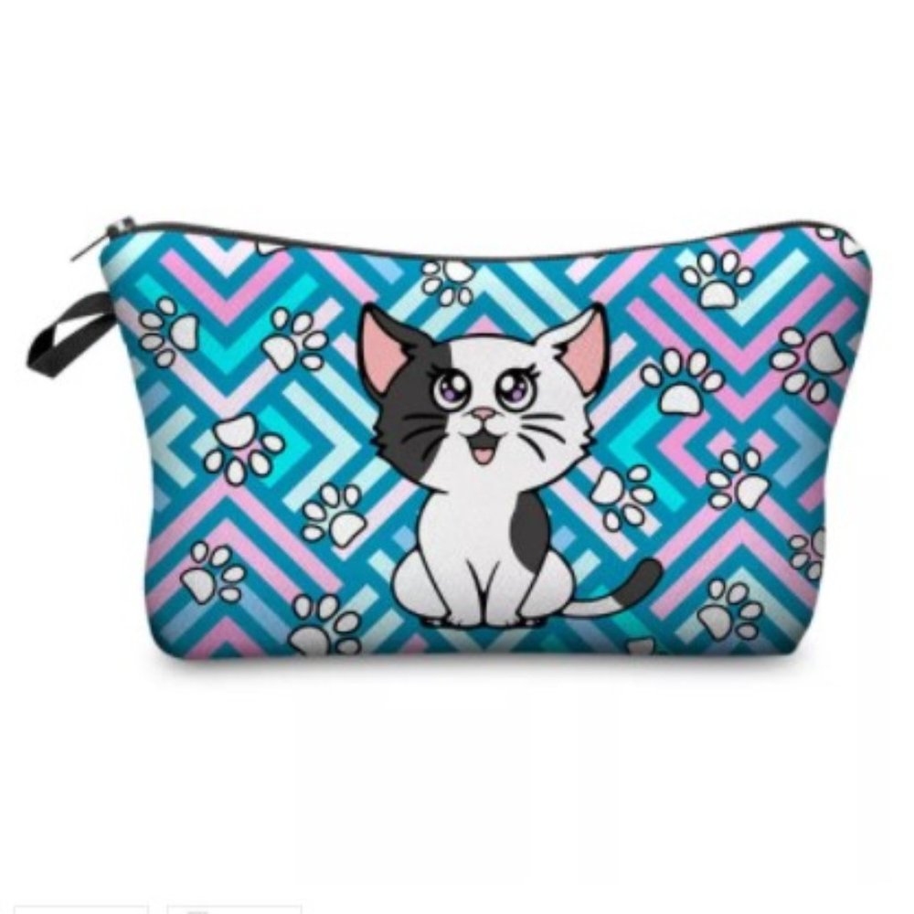 TT-Black and White Cat -- Cosmetic Blue Bag